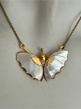 4/$100 Mother of Pearl Butterfly Pendant Necklace - Gold Tone